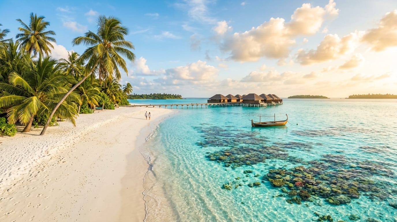 تكلفة السفر إلى المالديف 2026 - شاطئ المالديف الأبيض