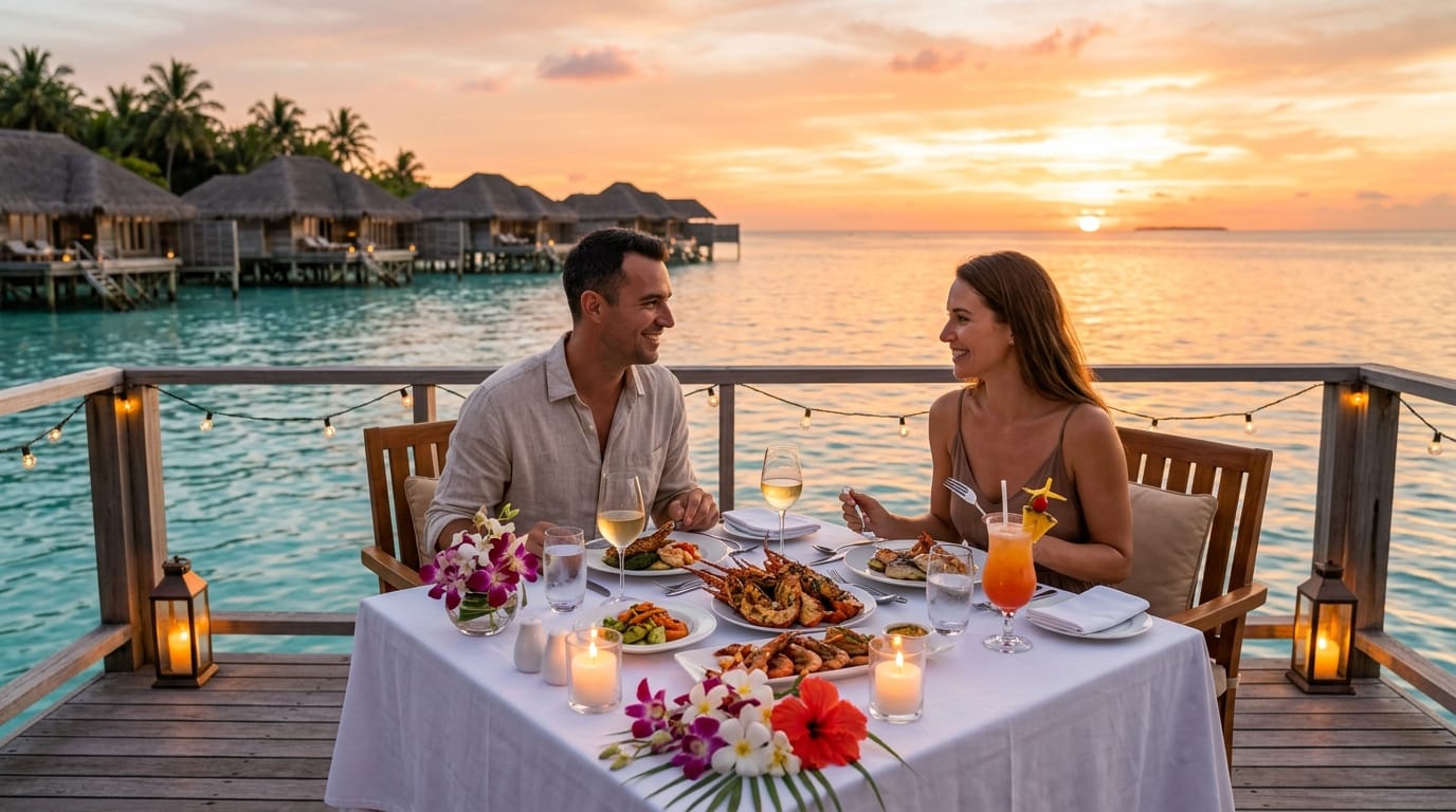 تكلفة السفر إلى المالديف 2026 - أكل في المالديف على البحر