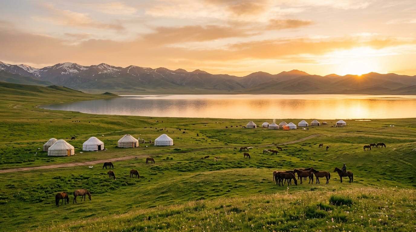 الطبيعة في كيرغيزستان - بحيرة سون كول والخيم التقليدية