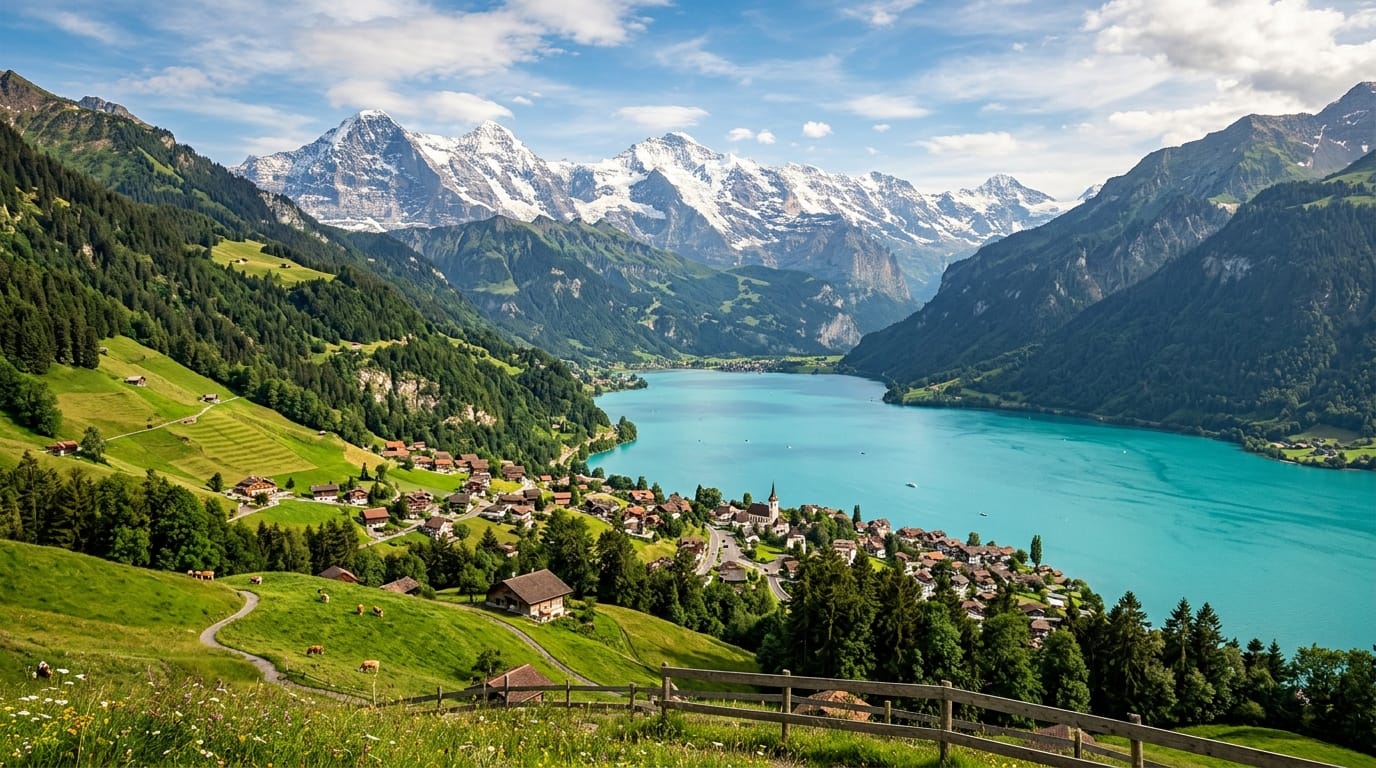 🇨🇭 تكلفة السفر إلى سويسرا 2026: دليلك الكامل بالميزانية والبرنامج السياحي 7 أيام 2 تكلفة السفر إلى سويسرا: إطلالة على جبال الألب والبحيرة من إنترلاكن