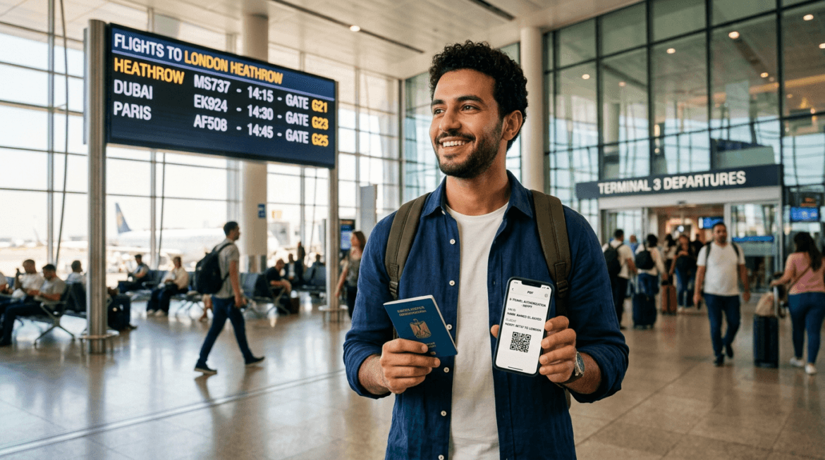 تصريح السفر الالكتروني 2026 - شاب مصري في مطار القاهرة يحمل جواز سفره وموبايله
