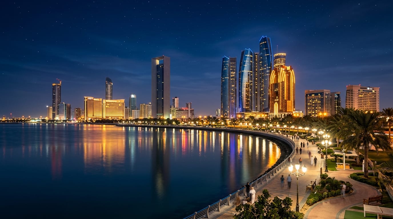 منظر ليلي لكورنيش أبوظبي وأبراجها الحديثة تعكس فرص العمل في العاصمة الإماراتية