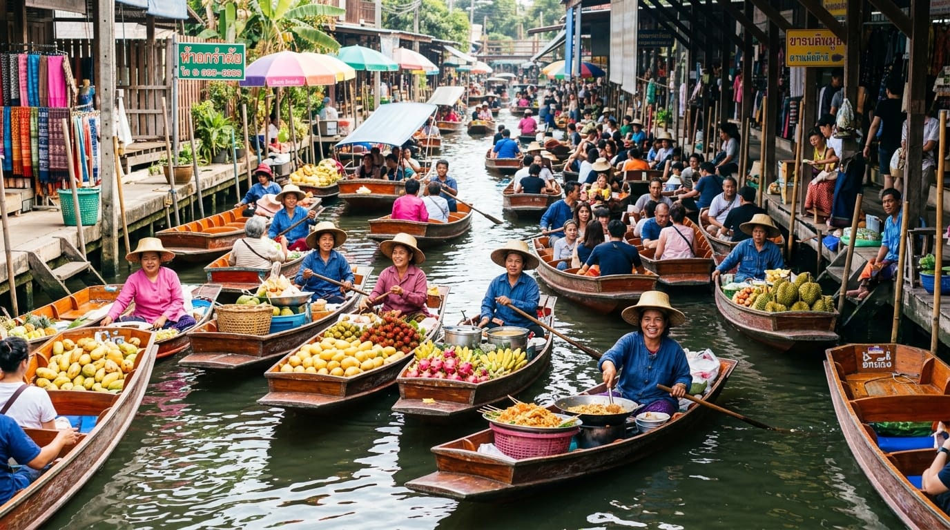 سوق بانكوك الطافي وأكل الشارع التايلاندي - تجربة السياحة في بانكوك 2026