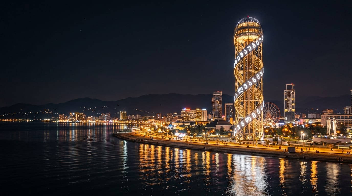 برج الأبجدية باتومي جورجيا معلم سياحي مضيء في الليل