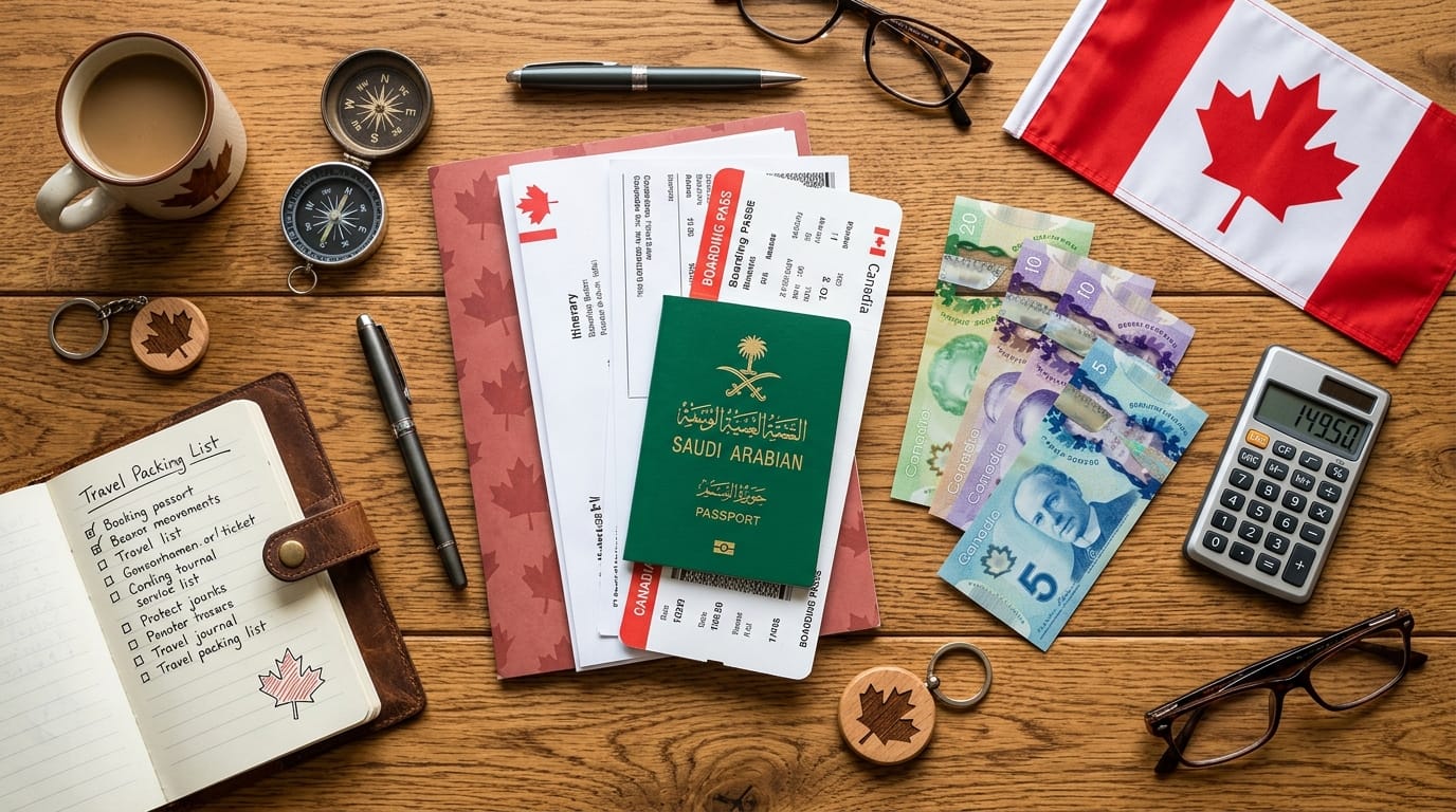 رسوم فيزا كندا للسعوديين 2026 - جواز سفر سعودي مع وثائق التأشيرة
