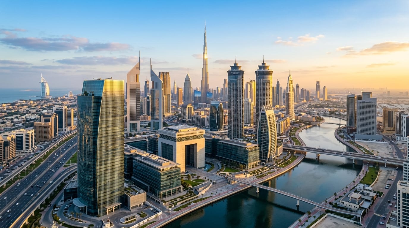 منظر بانورامي لمنطقة الأعمال في دبي ومركز دبي المالي العالمي DIFC
