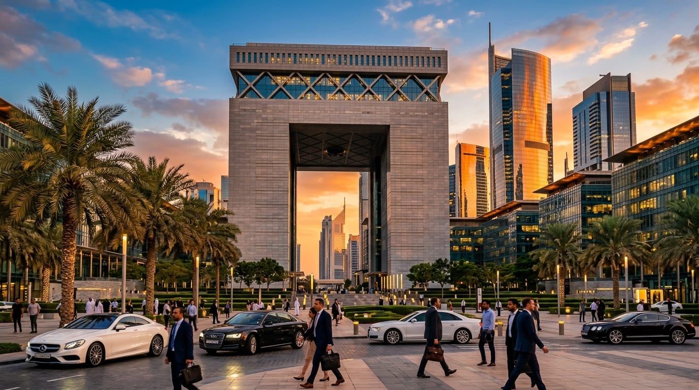 فيزا البحث عن عمل في الإمارات 2026 (Job Exploration Visa) للمصريين :منظر بانورامي لوسط دبي المالي DIFC وأبراج الشركات العالمية