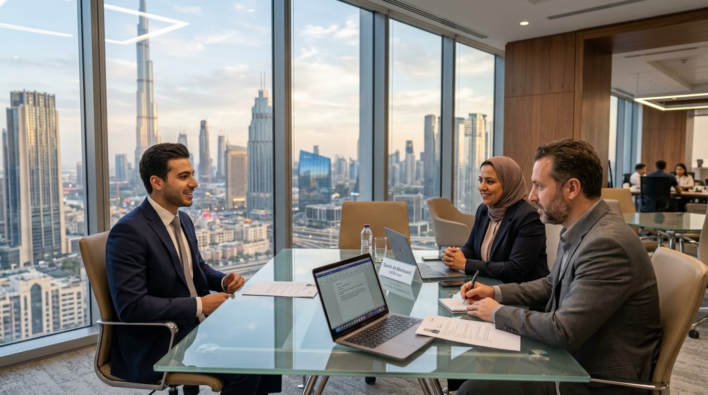 مقابلة عمل في مكتب حديث في دبي بين مرشح للتوظيف ومدير الموارد البشرية