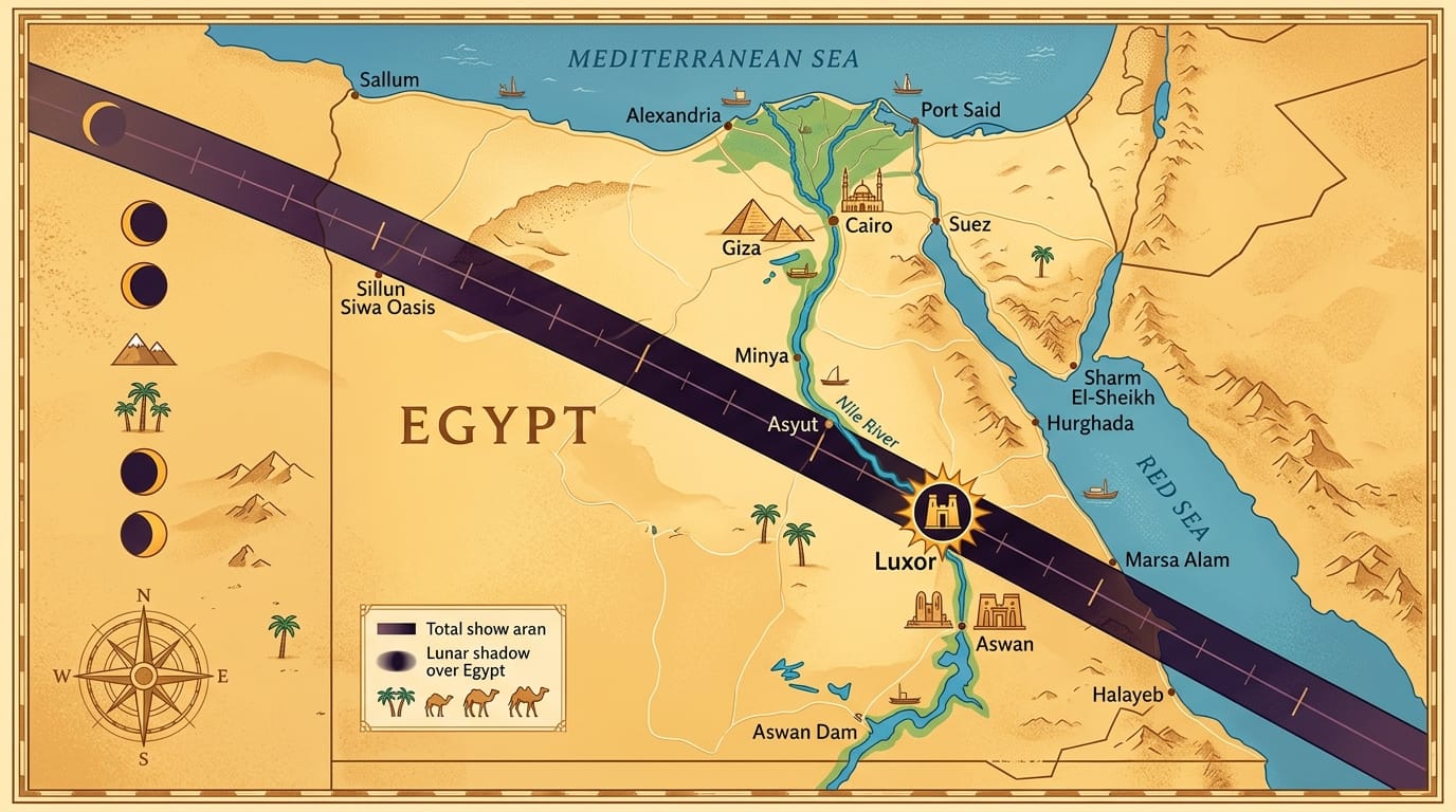 مسار الكسوف الكلي ٢٠٢٧ فوق مصر شامل الأقصر وأسوان والبحر الأحمر