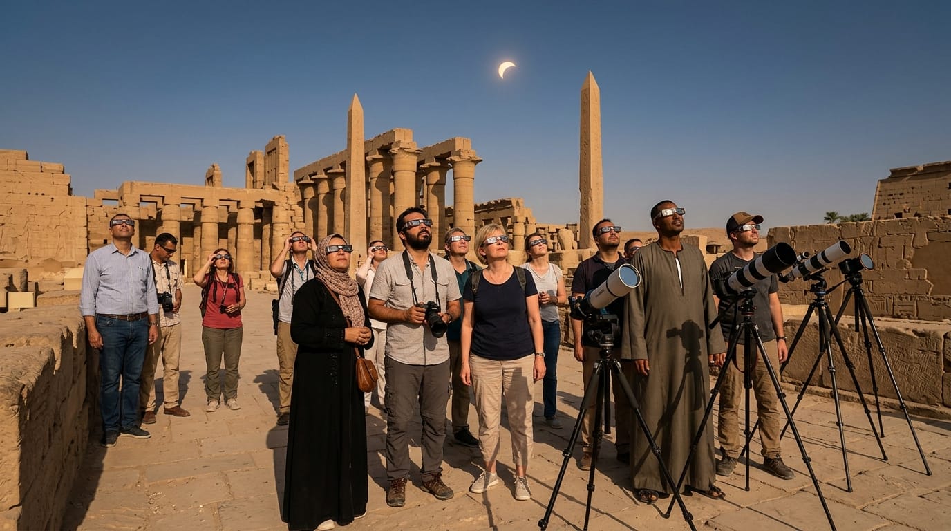 سياح يشاهدون كسوف الشمس بنظارات الأمان في الأقصر