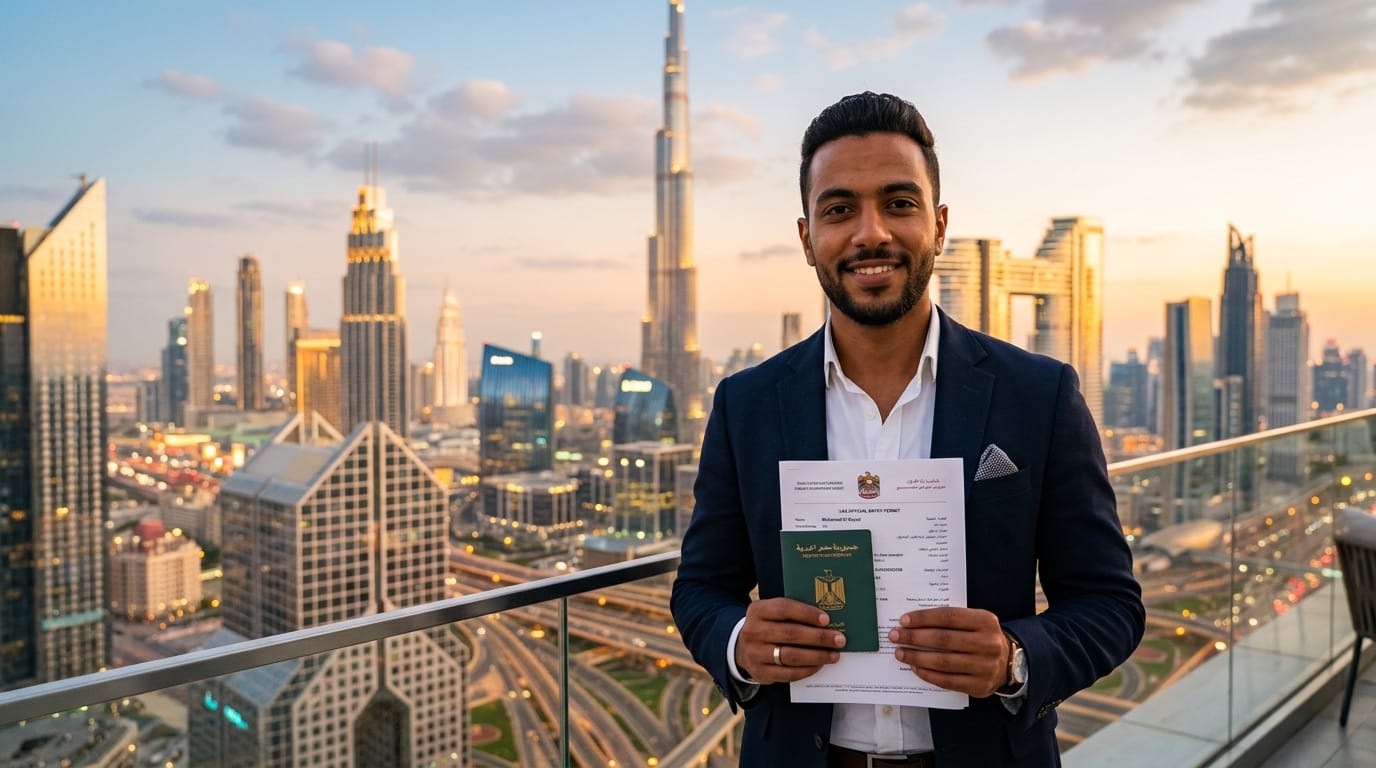 مصري شاب يحمل جوازه المصري وفيزا الإمارات أمام أفق دبي وبرج خليفة