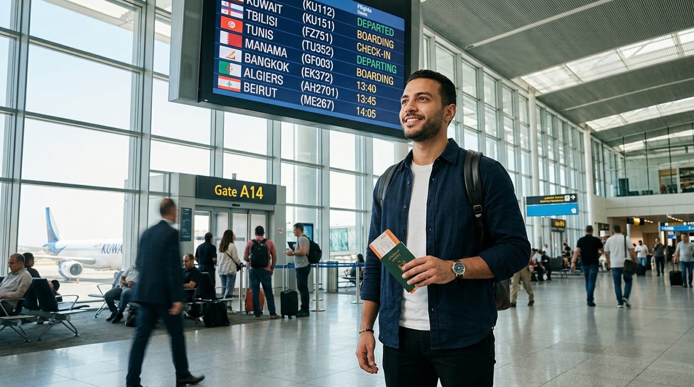مصري مقيم في السعودية يحمل جواز السفر والإقامة في مطار دولي يستعد للسفر