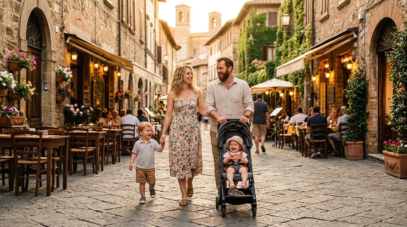 عربة الأطفال في رحلة سياحية مع العائلة