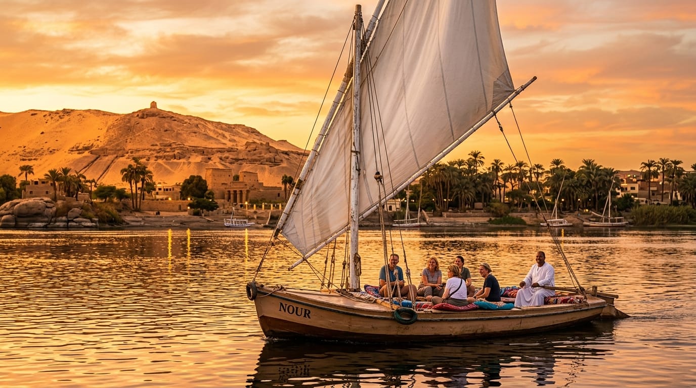 رحلة فلوكة على نهر النيل في أسوان عند الغروب