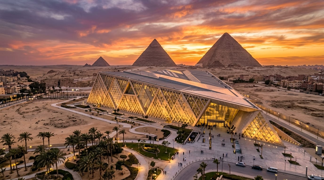 المتحف المصري الكبير من الخارج عند غروب الشمس مع الأهرامات في الخلفية