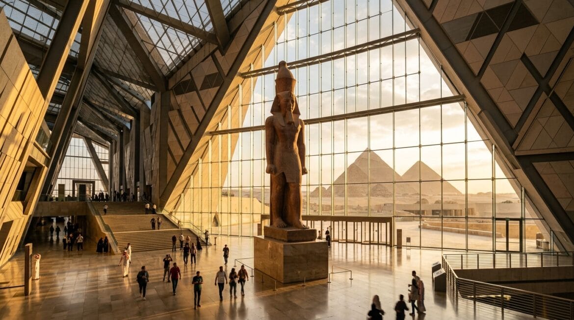 المتحف المصري الكبير 2026 من الداخل بتمثال رمسيس الثاني والأهرامات في الخلفية