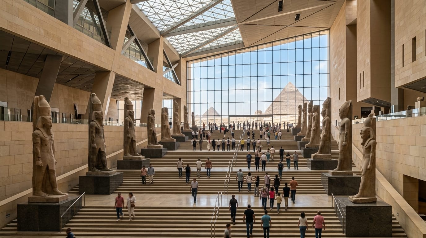 السلم الكبير في المتحف المصري الكبير مع تماثيل الفراعنة