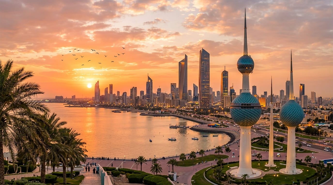 منظر بانورامي لمدينة الكويت العاصمة مع أبراج الكويت الشهيرة وقت الغروب