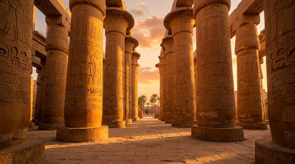 السياحة في الأقصر وأسوان 2026- معبد الكرنك في الأقصر بأعمدته العملاقة عند غروب الشمس