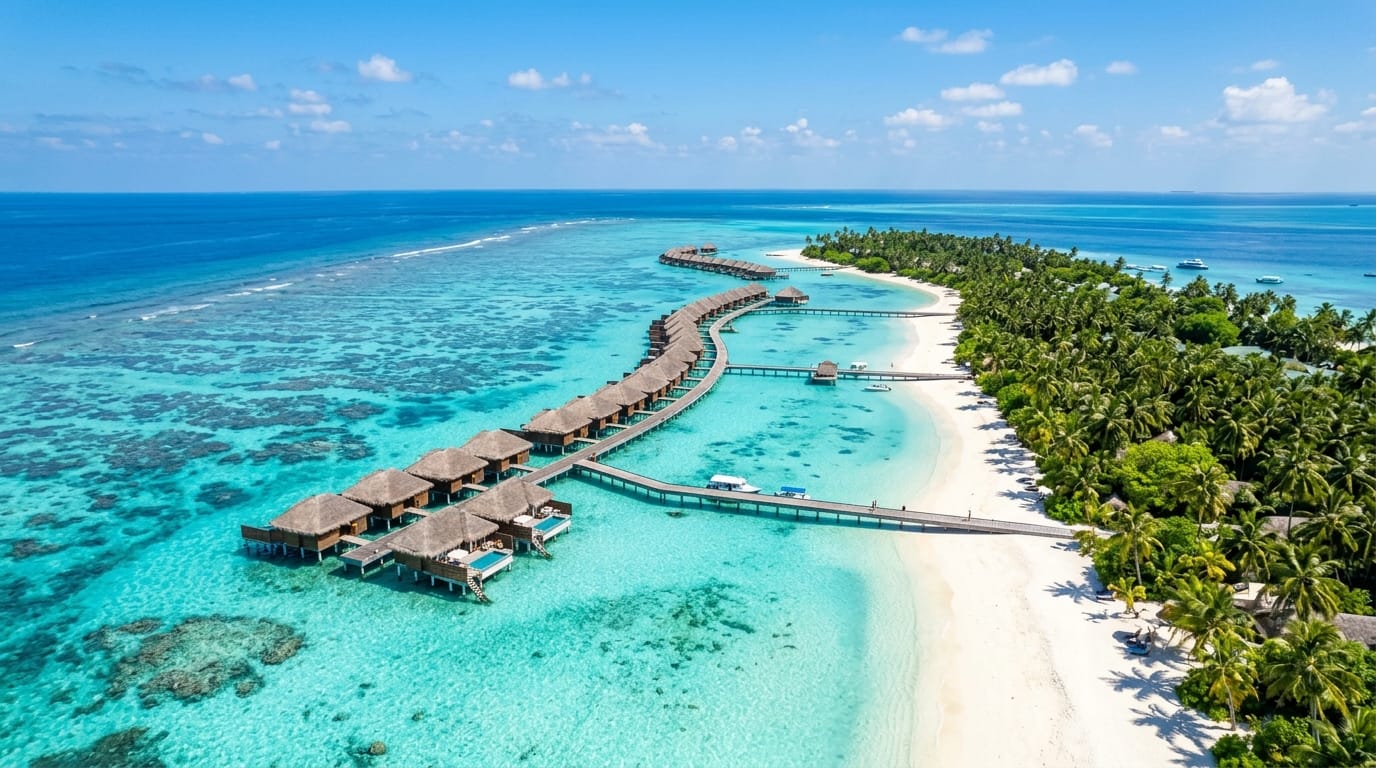 السياحة في المالديف 2026 - فيلا فوق الماء مع شاطئ أبيض ومياه فيروزية