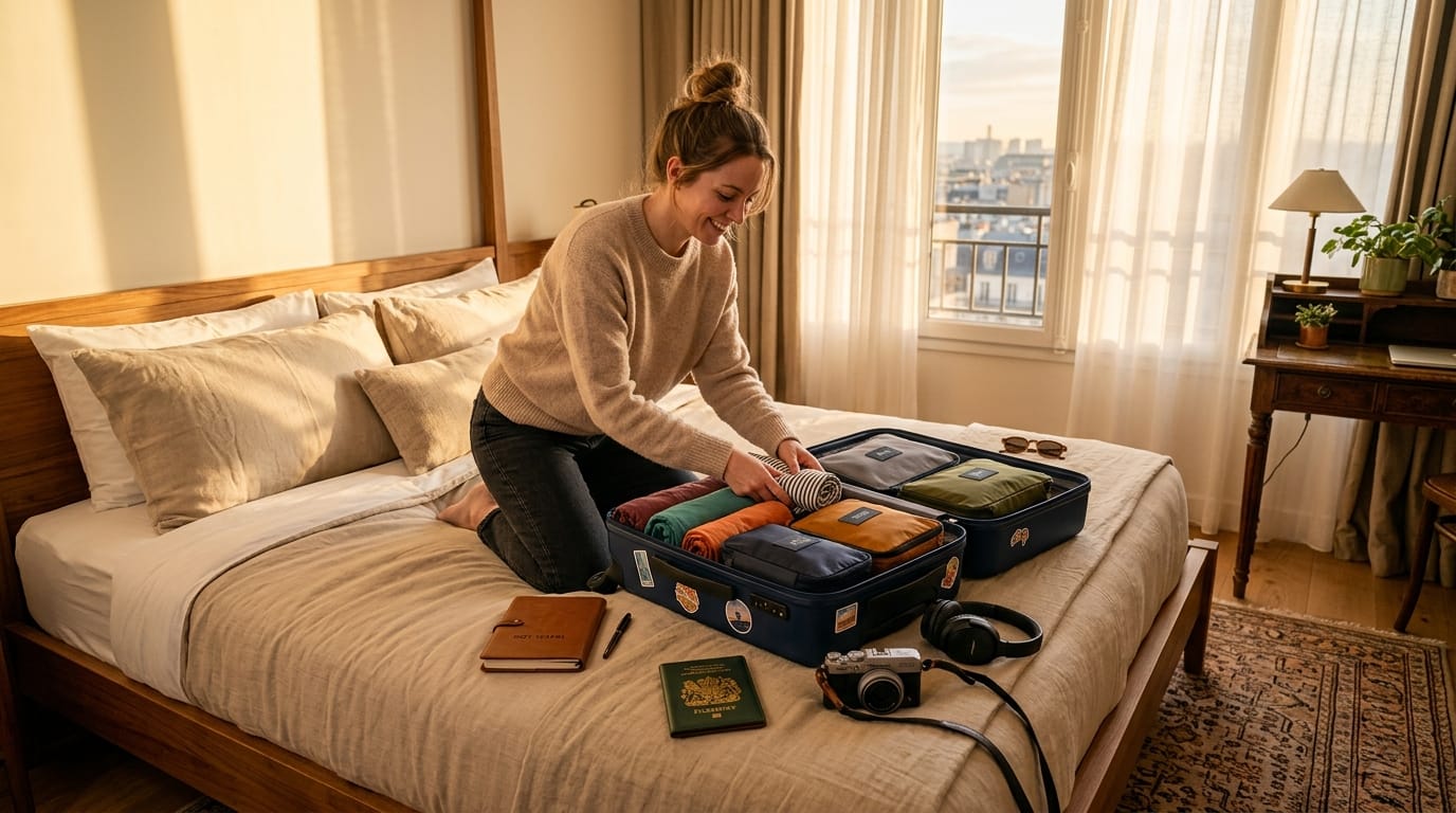 تجهيز شنطة السفر في غرفة فندق