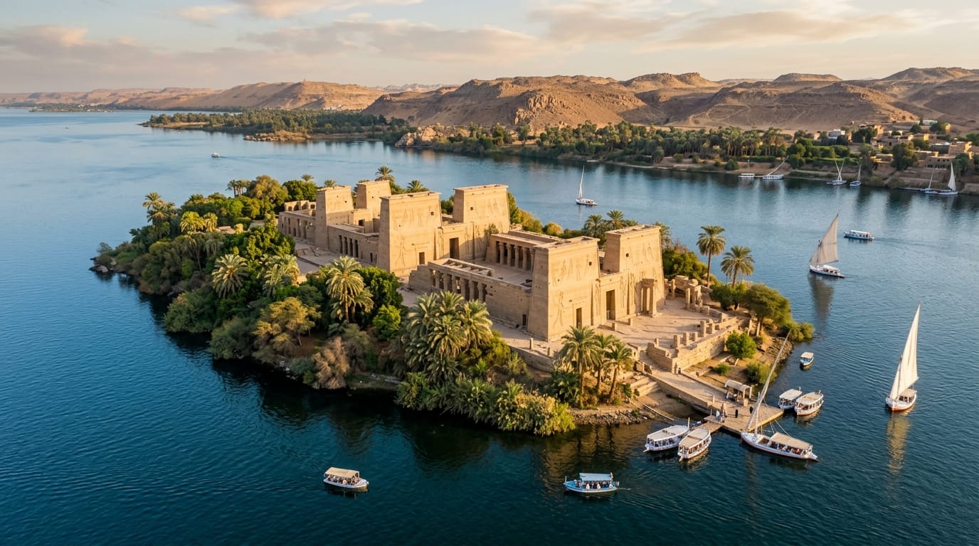  السياحة في الأقصر وأسوان 2026- معبد فيلة في أسوان فوق جزيرة أجيليكا في النيل