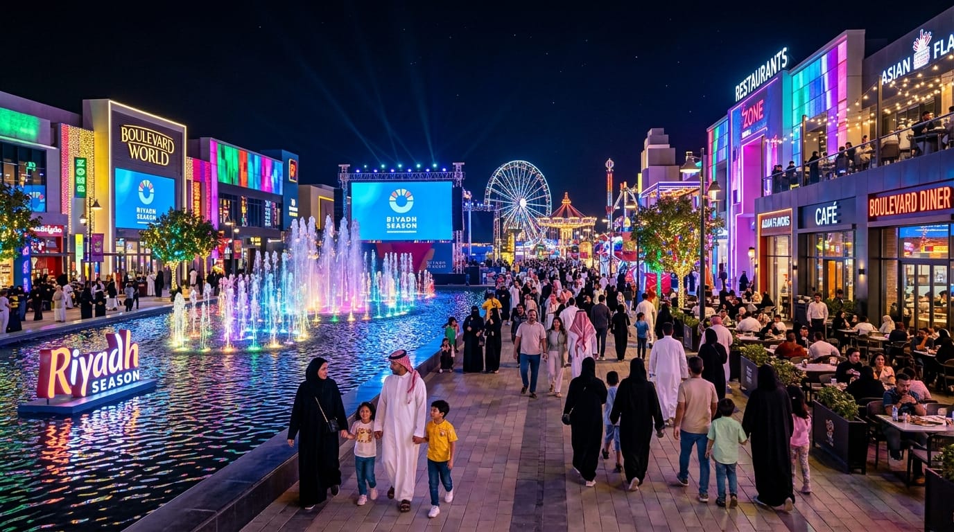 موسم الرياض 2026 - بوليفارد وورلد ليلًا مع الإضاءة والترفيه