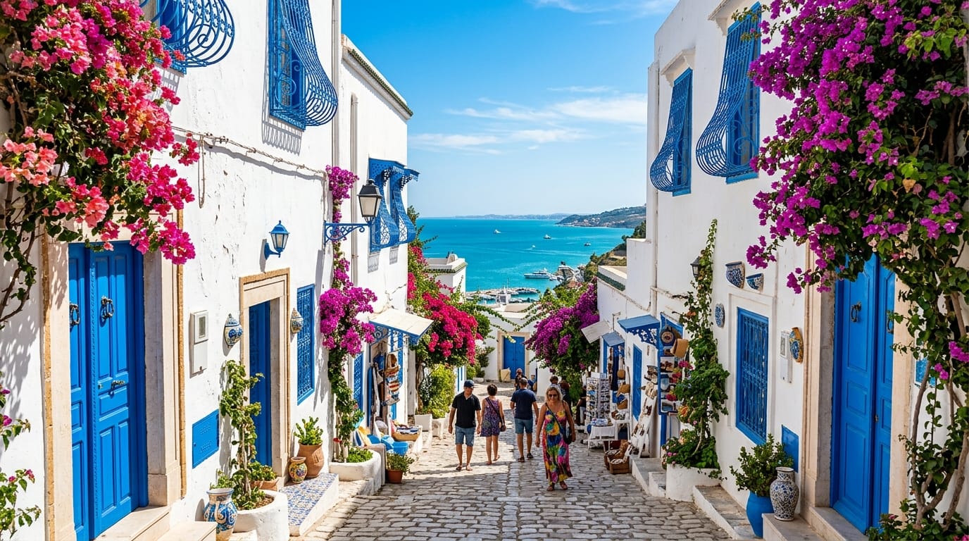 شاطئ سيدي بو سعيد في تونس بمنازله الزرقاء والبيضاء وإطلالته على البحر المتوسط