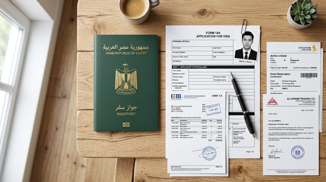 أوراق فيزا سنغافورة المطلوبة 2026 - flat lay
