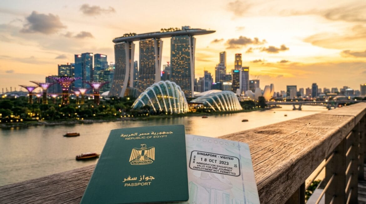 فيزا سنغافورة للمصريين 2026 - باسبور مصري مع إطلالة Marina Bay