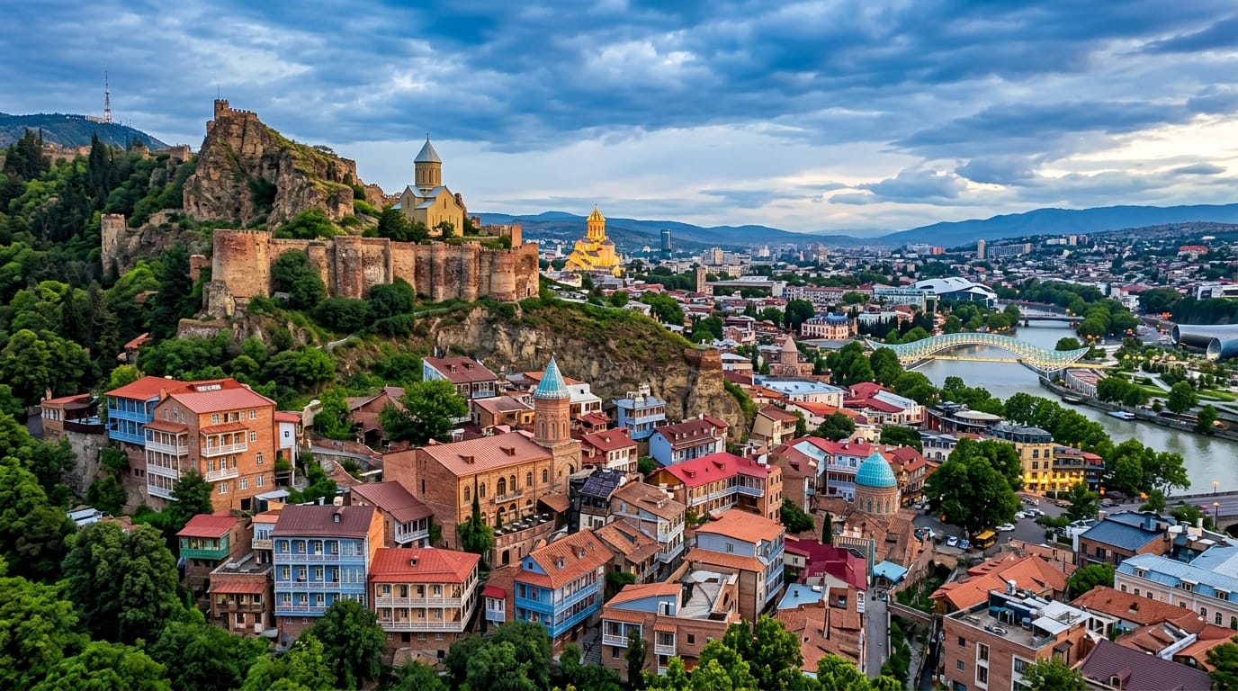 منظر للمدينة القديمة في تبليسي جورجيا مع كنائسها التاريخية وحدائقها الخضراء