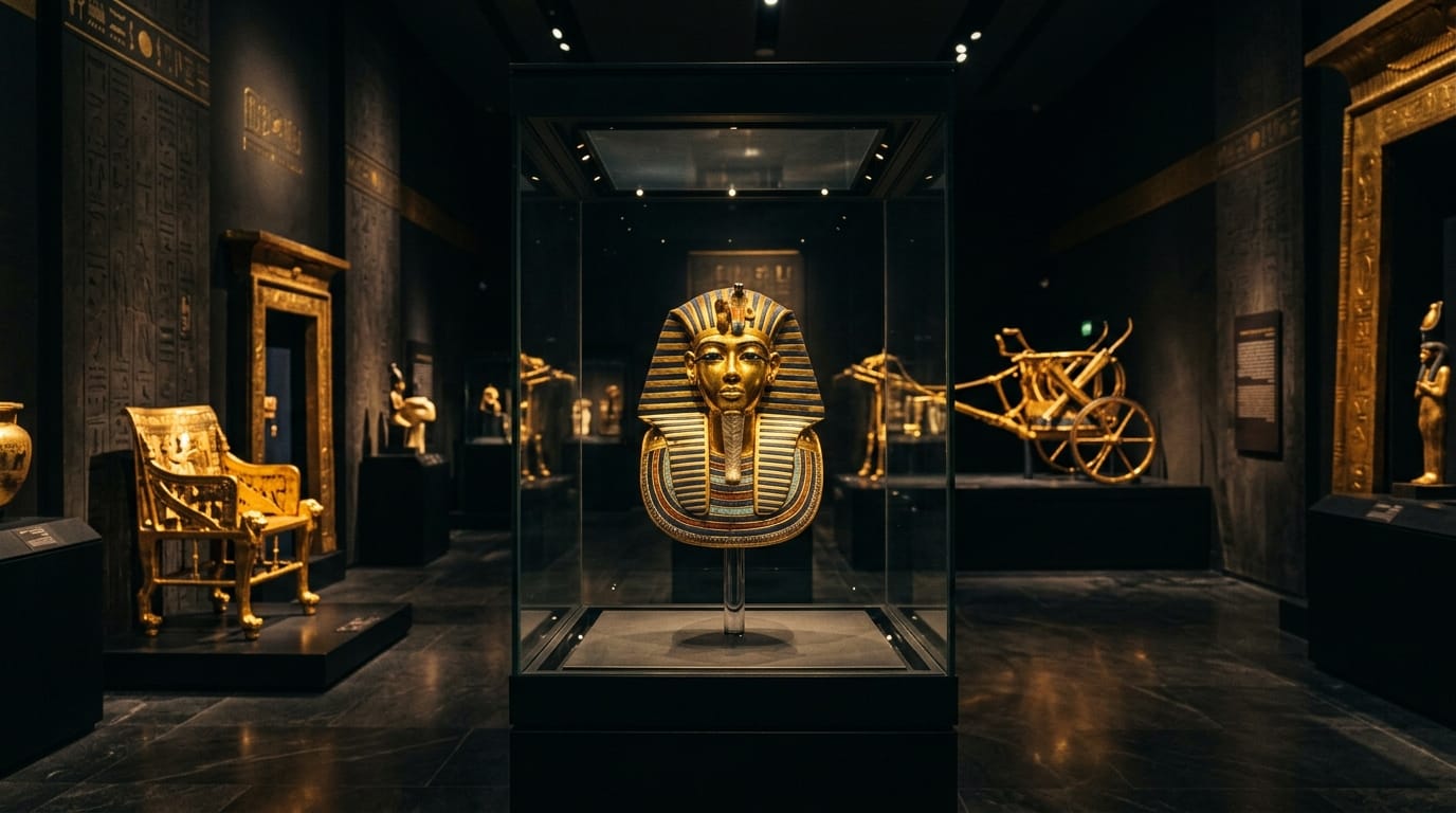 المتحف المصري الكبير قاعة توت عنخ آمون بالقناع الذهبي