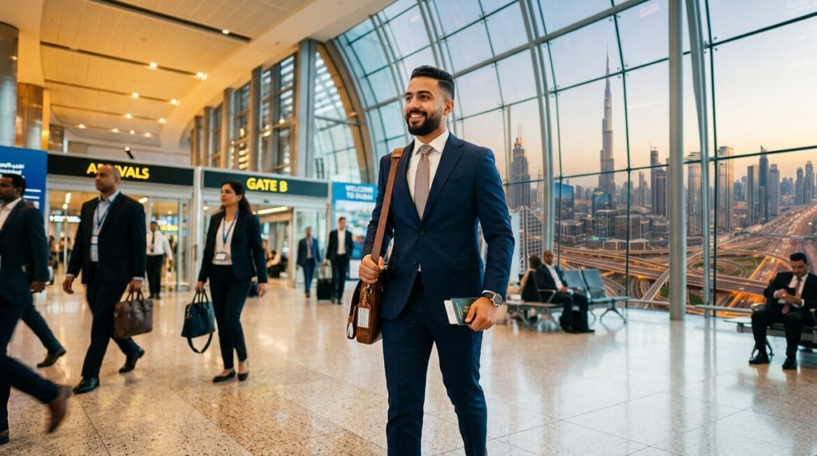 فيزا البحث عن عمل في الإمارات 2026 (Job Exploration Visa) للمصريين :شاب مصري محترف يصل مطار دبي الدولي للبحث عن فرص عمل بفيزا استكشاف العمل