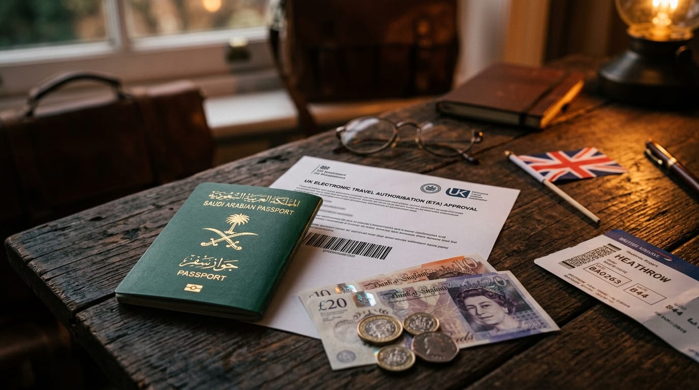 ختم دخول بريطانيا وتأكيد ETA إلكتروني على جواز سفر سعودي