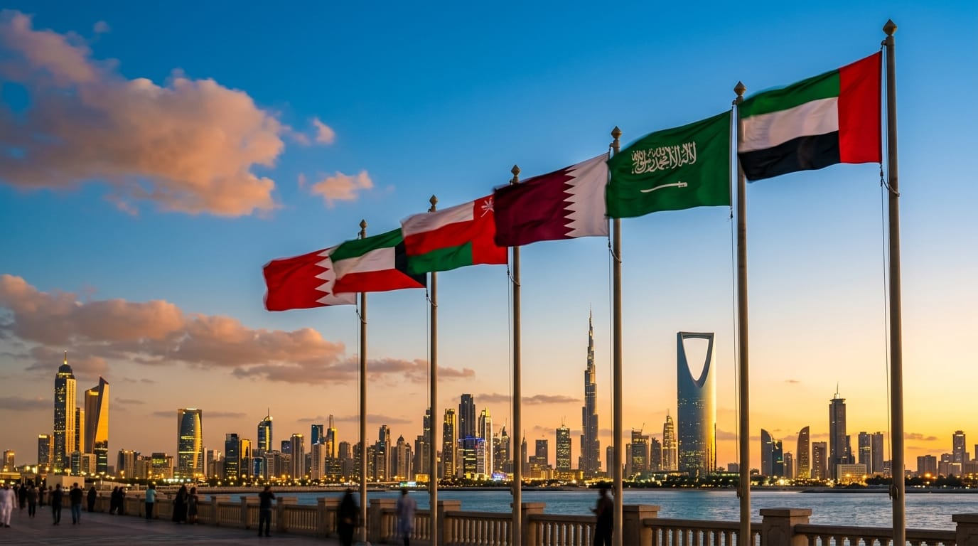 أعلام دول الخليج الست متجمعة لتأشيرة GCC Grand Tours الموحدة 2026