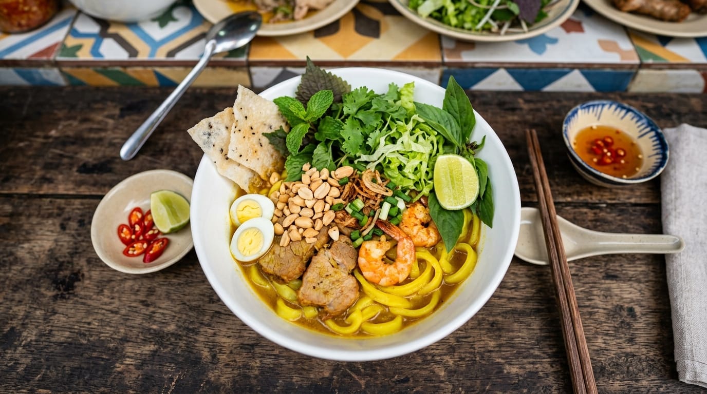 طبق Mi Quang الفيتنامي الشهير من دا نانج بالنودلز والروبيان