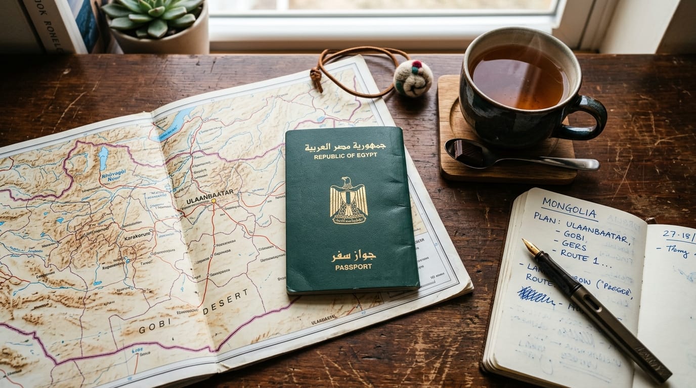 🇲🇳 فيزا منغوليا للمصريين 2026: قدّم من سفارة القاهرة خطوة بخطوة وسافر لبلد جنكيز خان 4 التخطيط للسفر إلى منغوليا مع جواز سفر مصري أخضر وخريطة منغوليا