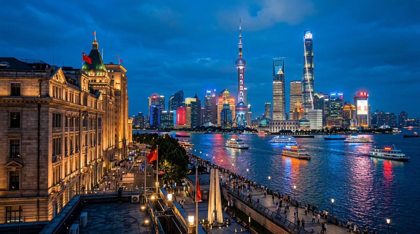 🇨🇳 السياحة في شنغهاي للسعوديين 2026: 7 أيام في عاصمة المستقبل بدون فيزا + ديزني لاند والأكل الحلال 2 أفق شنغهاي الليلي مع برج اللؤلؤة الشرقية وبرج شنغهاي من The Bund
