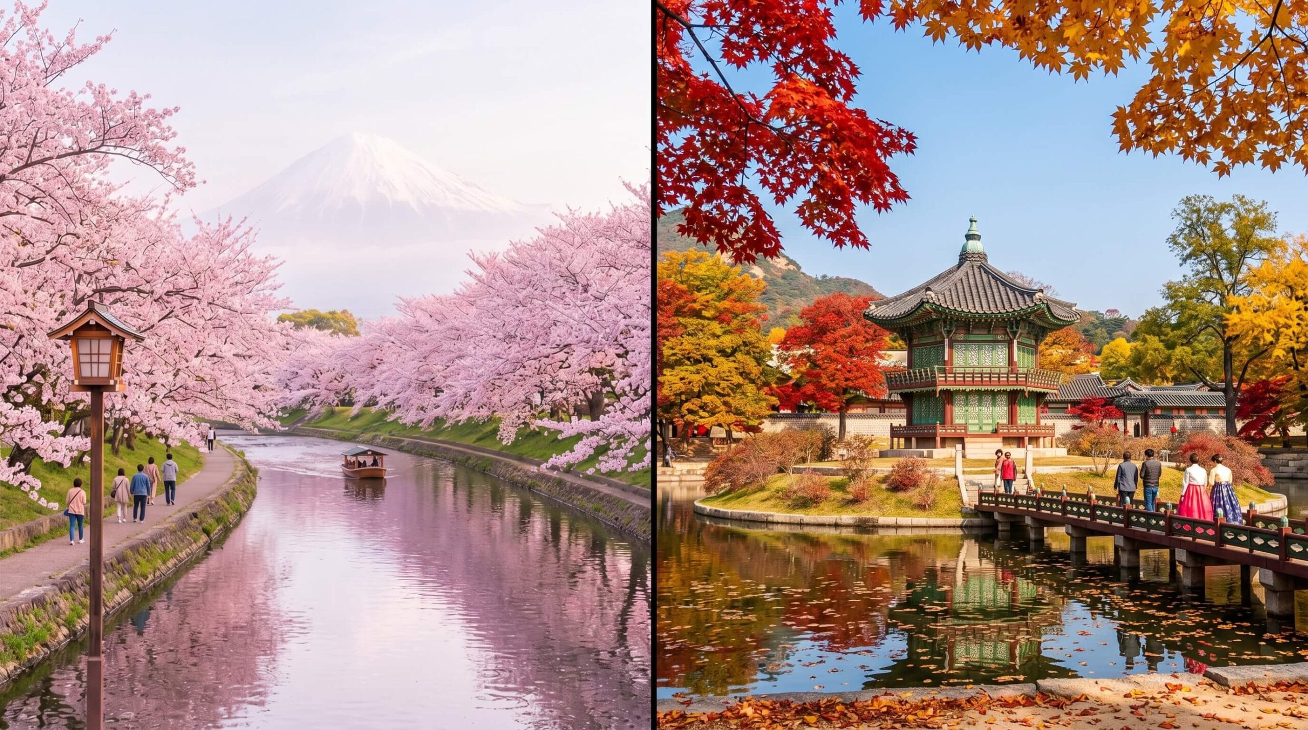 🇯🇵🇰🇷 اليابان ولا كوريا الجنوبية 2026؟ المقارنة الكاملة في 9 نقاط تحسم وجهتك 5 مواسم اليابان وكوريا - أزهار الكرز مقابل ألوان الخريف