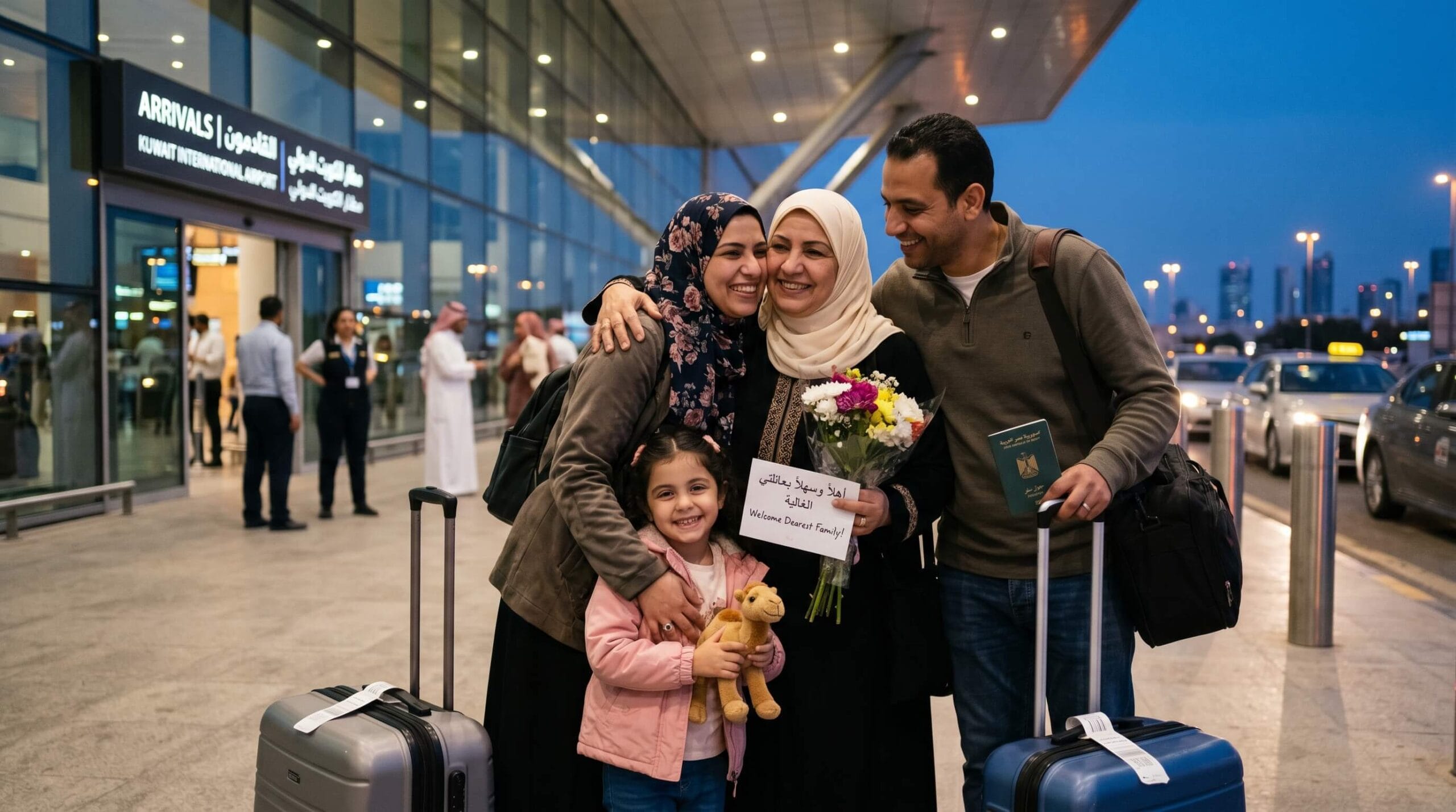 🇰🇼 الزيارة العائلية للكويت للمصريين 2026: هل فتحت؟ الشروط والرسوم 3 وصول أسرة مصرية إلى الكويت بعد صدور الزيارة العائلية