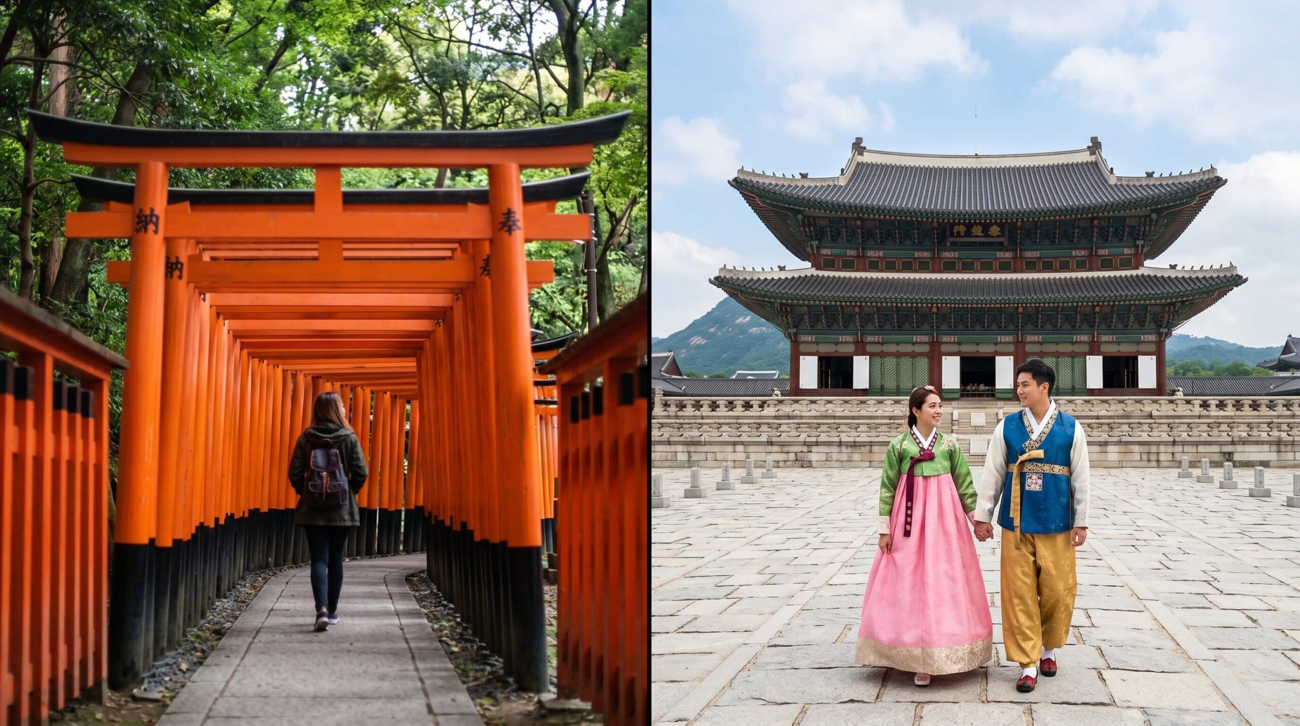 🇯🇵🇰🇷 اليابان ولا كوريا الجنوبية 2026؟ المقارنة الكاملة في 9 نقاط تحسم وجهتك 4 معالم اليابان وكوريا - بوابات توري في كيوتو وقصر في سيول بالهانبوك