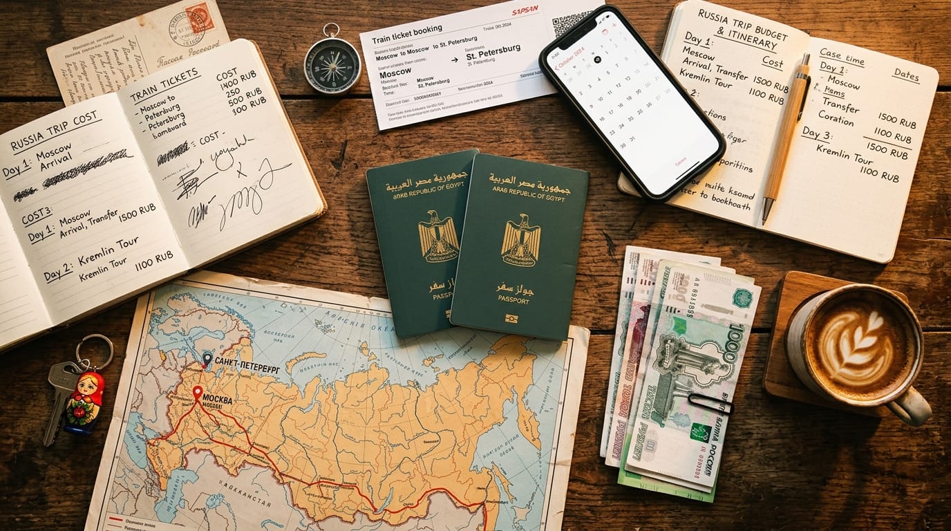 تخطيط ميزانية السفر إلى روسيا بالجواز المصري والروبل الروسي وخريطة موسكو