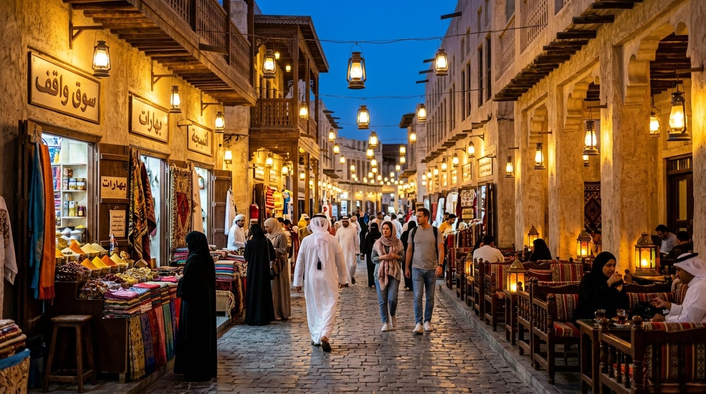 أماكن سياحية في الدوحة، أجواء سوق واقف المسائية وممراته التراثية
