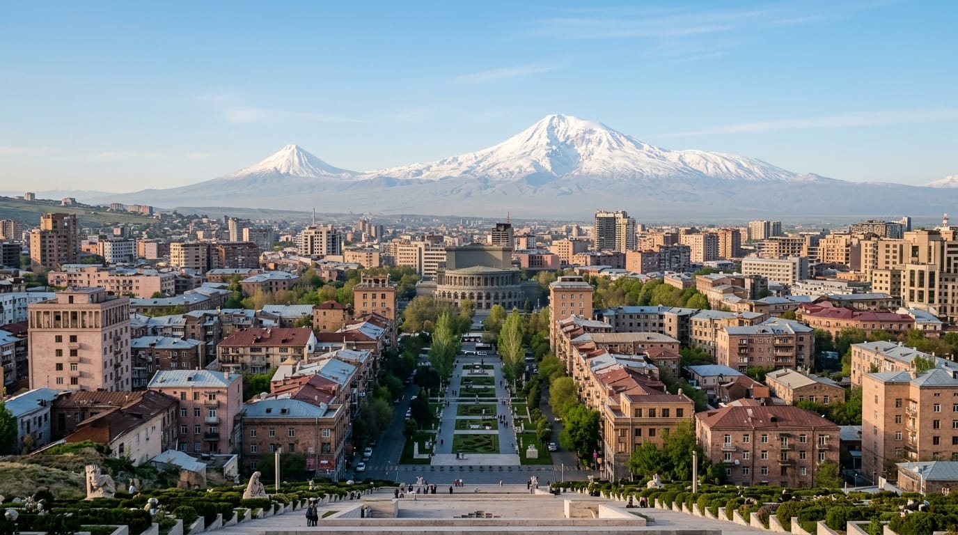 جورجيا ولا أرمينيا ولا أذربيجان 2026؟ 🇬🇪🇦🇲🇦🇿 دليلك الصريح لاختيار البلد القوقازي المناسب ليك 4 إطلالة على مدينة يريفان عاصمة أرمينيا وخلفها جبل أرارات المغطى بالثلج
