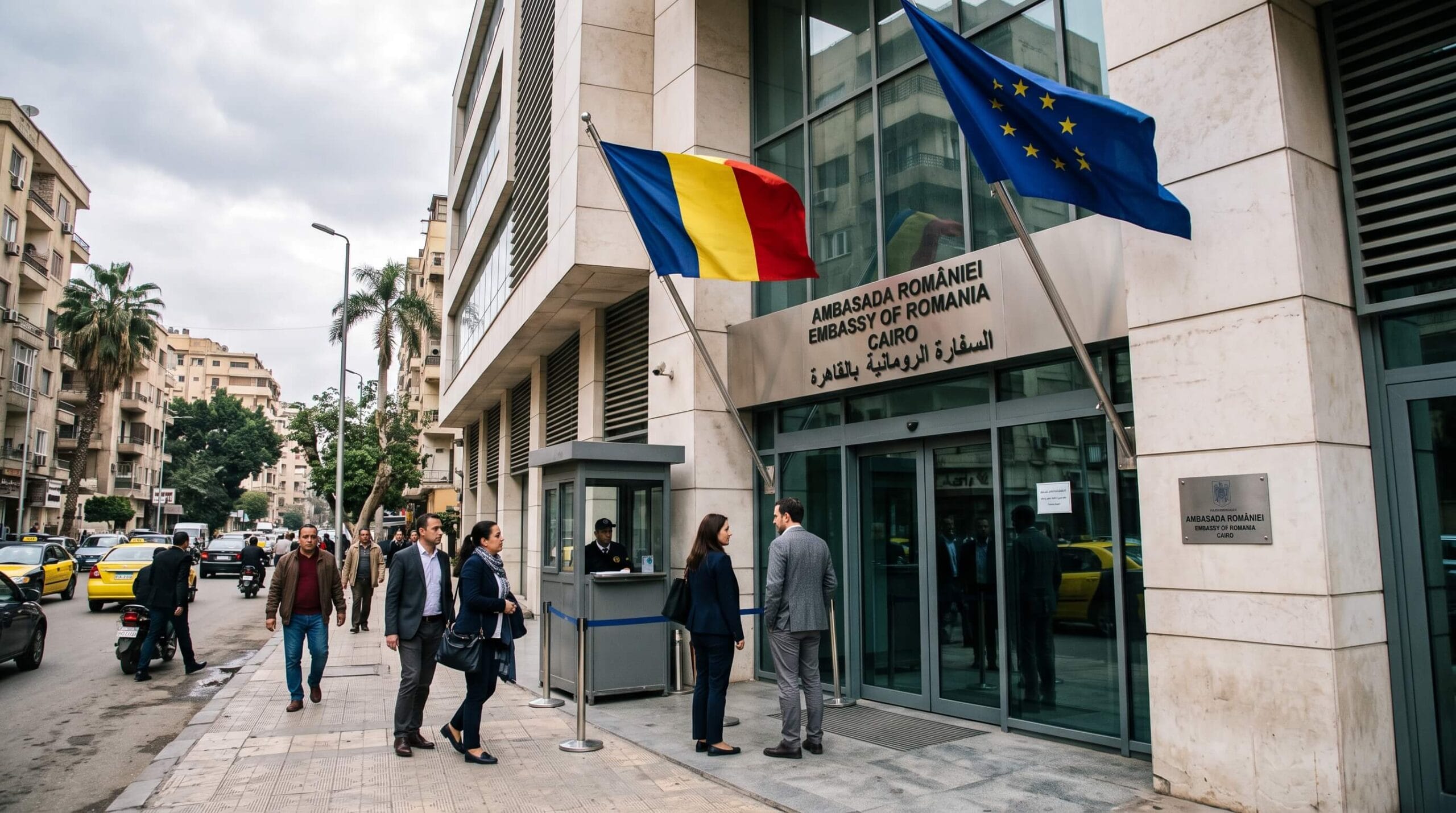 🇷🇴 فيزا رومانيا للمصريين 2026: الأوراق والرسوم وخطوات التقديم 4 سفارة رومانيا في القاهرة - مبنى السفارة بعلم رومانيا وعلم الاتحاد الأوروبي