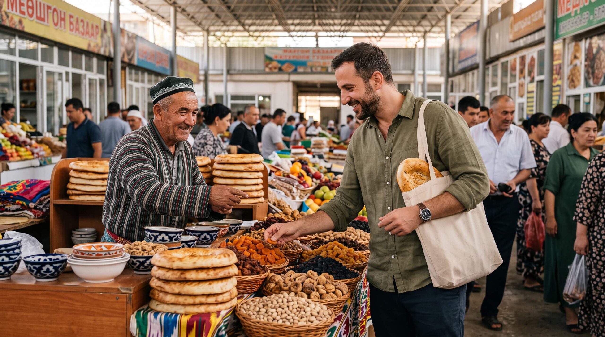 تكلفة السفر إلى طاجيكستان 2026: ميزانية 7 أيام من مصر 4 مسافر يشتري الخبز والفواكه المجففة من سوق محلي في طاجيكستان