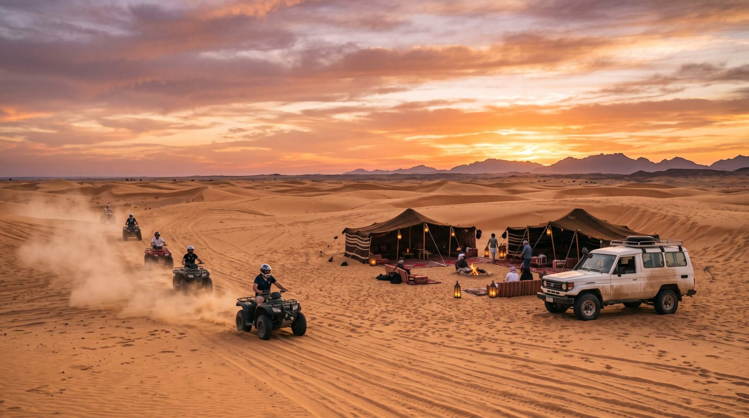 سفاري صحراوي في الغردقة كواد وقرية بدوية عند الغروب