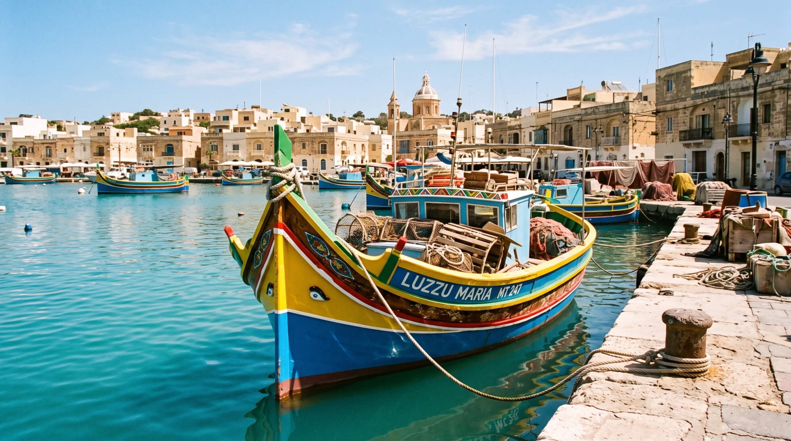 🇲🇹 تكلفة السفر إلى مالطا من مصر 2026: ميزانية 7 و10 و14 يوم 6 قوارب اللوزو التقليدية في مرسى شلوك مالطا