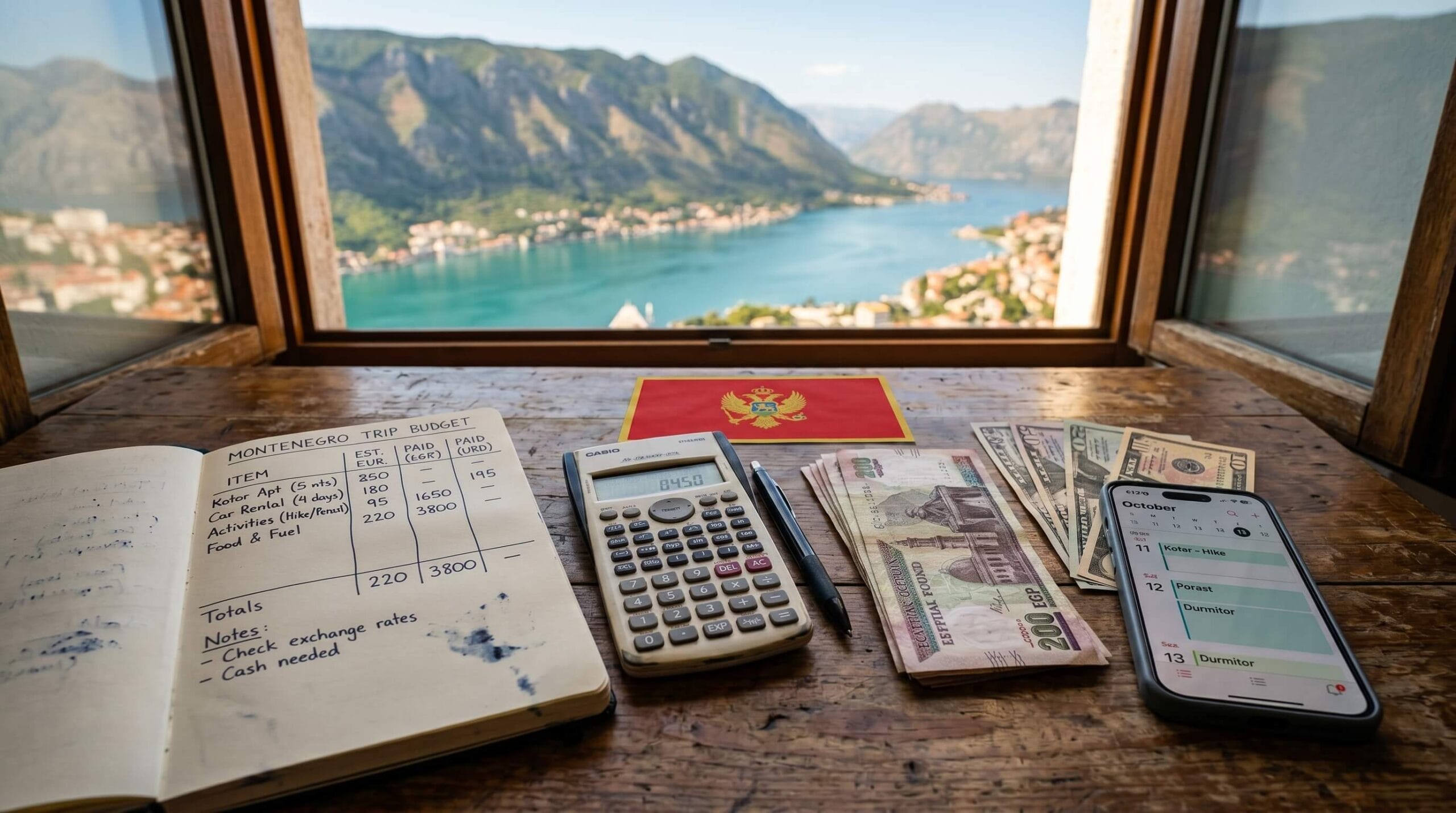 🇲🇪 تكلفة السفر إلى مونتينيغرو للمصريين 2026: ميزانية كاملة + برنامج 7 أيام 2 ميزانية السفر إلى مونتينيغرو مع خليج كوتور في الخلفية