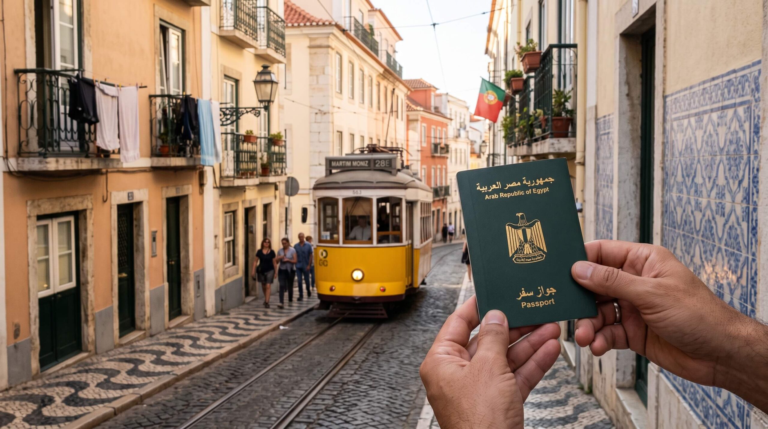🇵🇹 فيزا البرتغال للمصريين 2026: الأوراق والرسوم و7 أخطاء بتضيع الفيزا 2 باسبور مصري مقفول في إيد مسافر قدام شارع في لشبونة، صورة توضيحية لمقالة فيزا البرتغال للمصريين